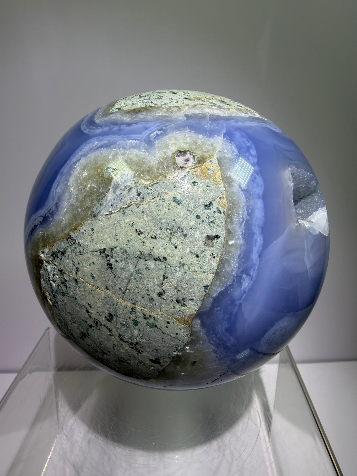 Blue Lace Agate Sphere. 106mm. XL Druzy Blue Lace Sphere. High Quality Intense Blue. Stunning Collectors Piece.