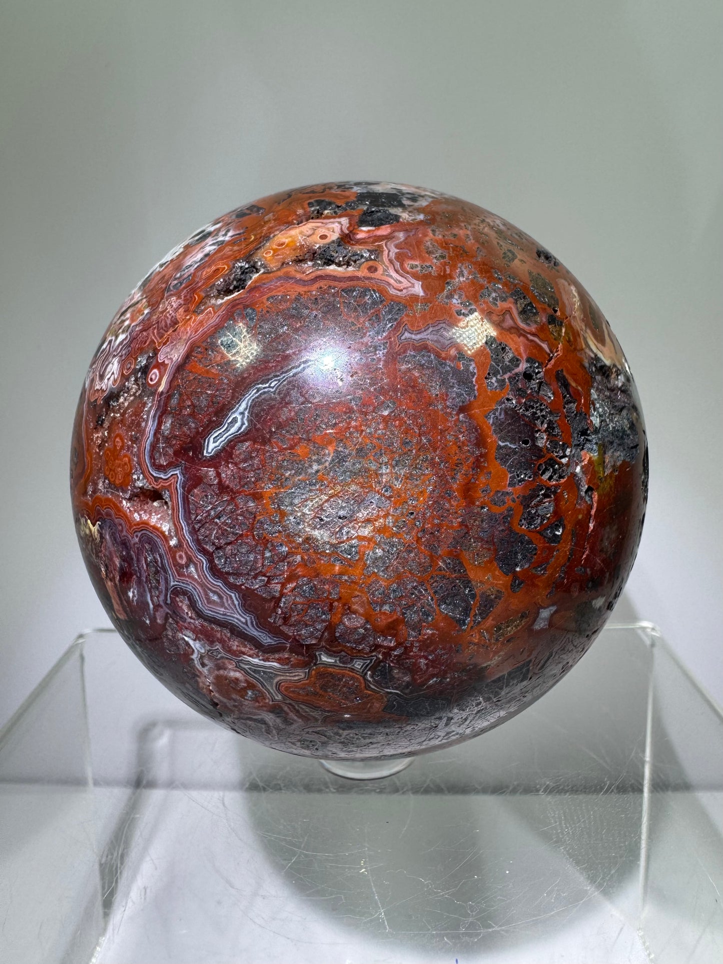 Mexican Crazy Lace Agate Sphere. 78mm. Deep Rich Colors With Stunning Patterns. Large Display Sphere.