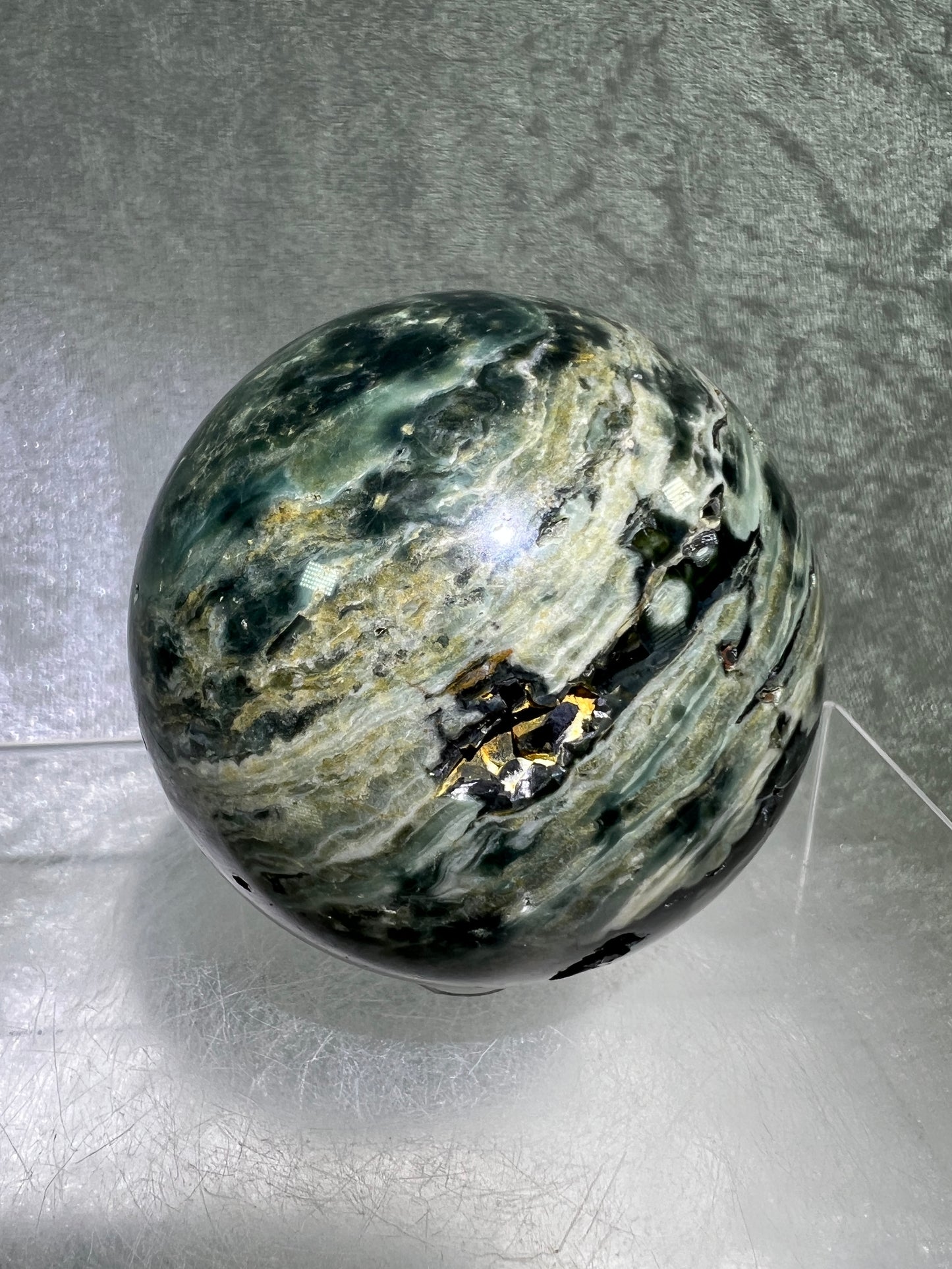 Ocean Jasper Sphere. 69mm. Very Cool Green Druzy. Stunning And Unique Display Sphere.