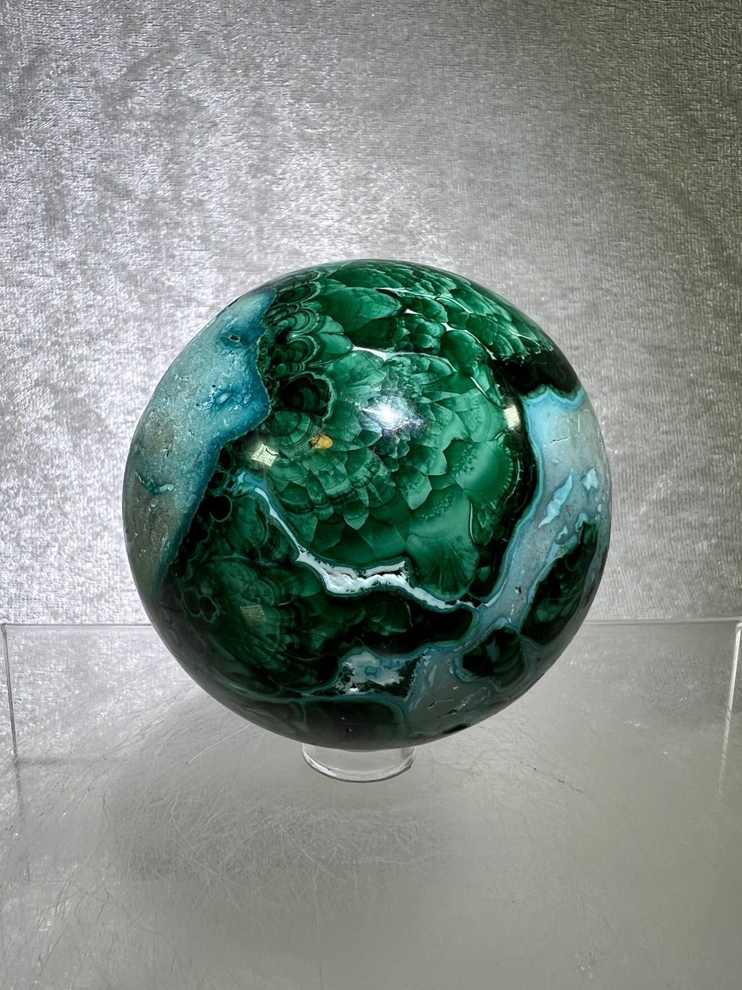 Malachite And Druzy Chrysocolla Sphere. 65mm. Gorgeous Rare Collectors Piece. Amazing Patterns With Vibrant Colors.