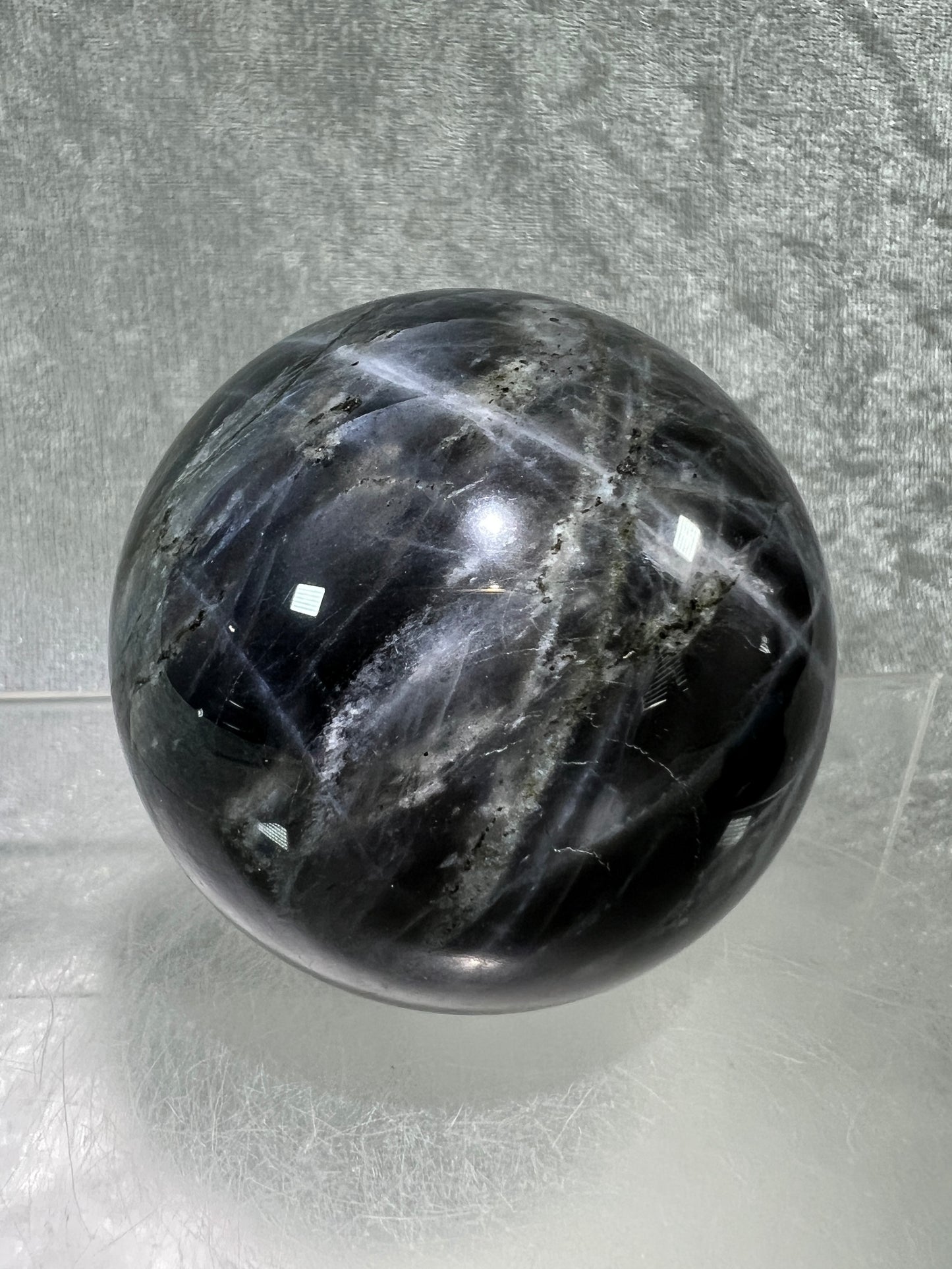 Labradorite Crystal Sphere. 62mm. Gorgeous Purple Rainbow Flash. Rare Color Display Sphere.