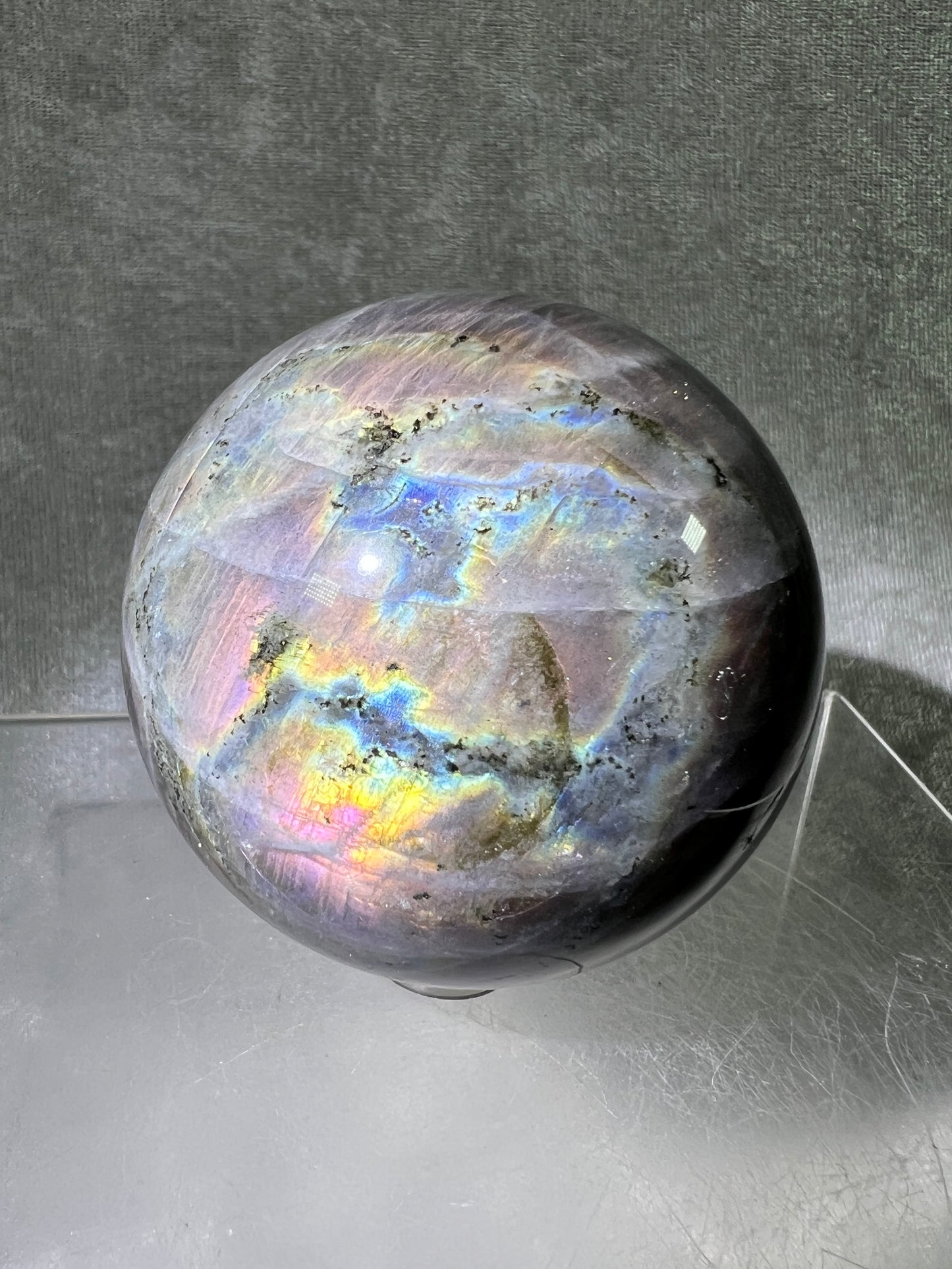 Labradorite Crystal Sphere. 64mm. Very Rare Pink And Purple Rainbow Flash. Gorgeous Display Sphere.