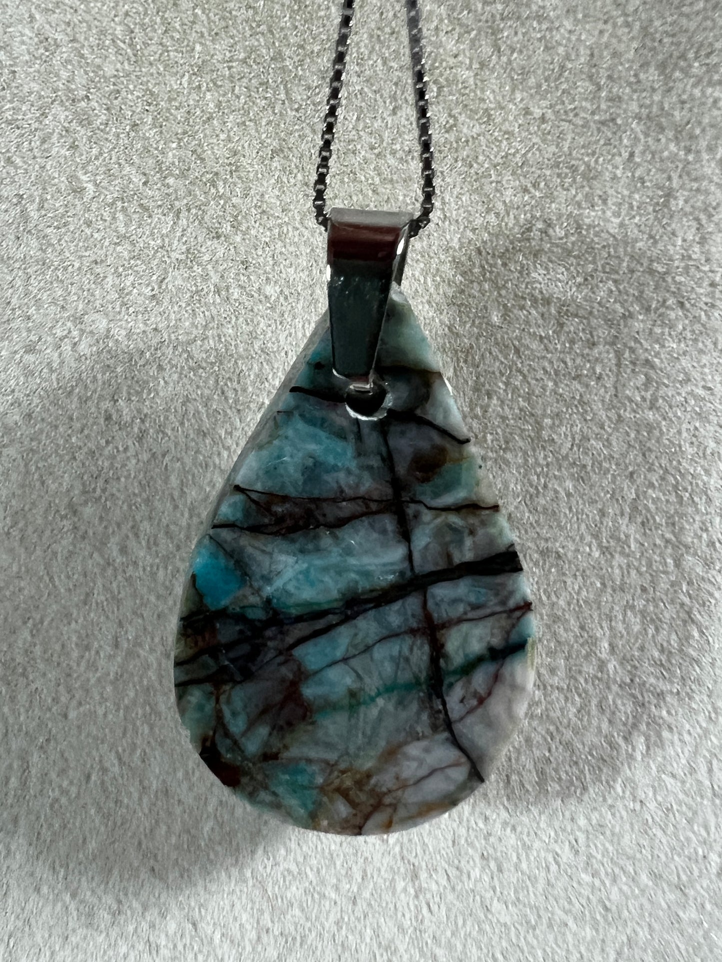 Chrysocolla Fresco Pendant. Limited And Stunning Fresco Patterns. Gorgeous High Quality Crystal. S925 Silver Necklace Included