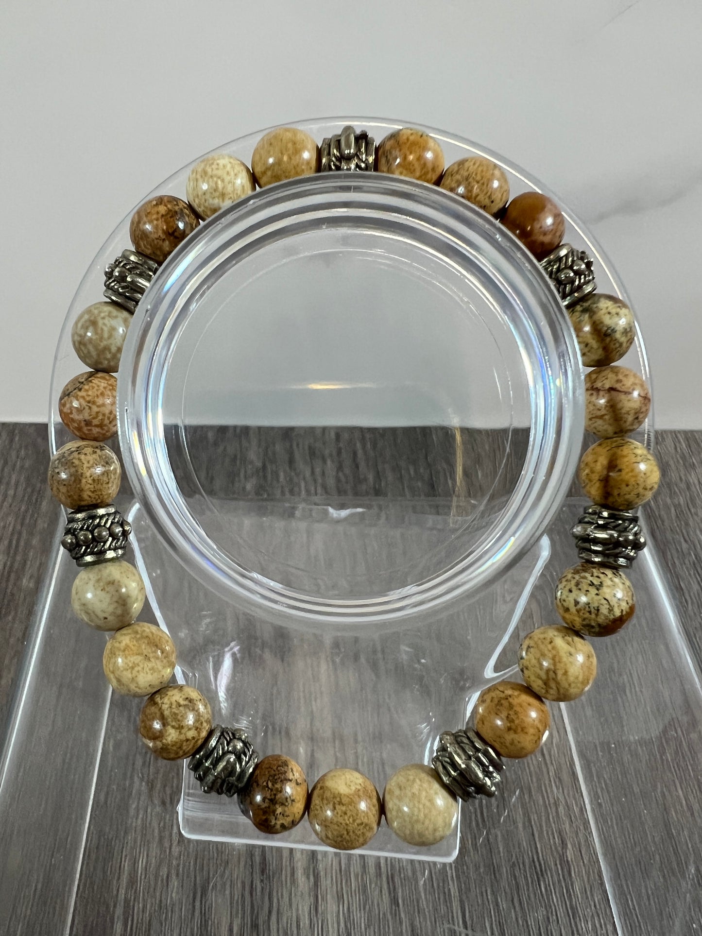 Petrified Wood Crystal Bead Bracelet. 8mm. Unique Crystal Bracelet With Cool Spacers.
