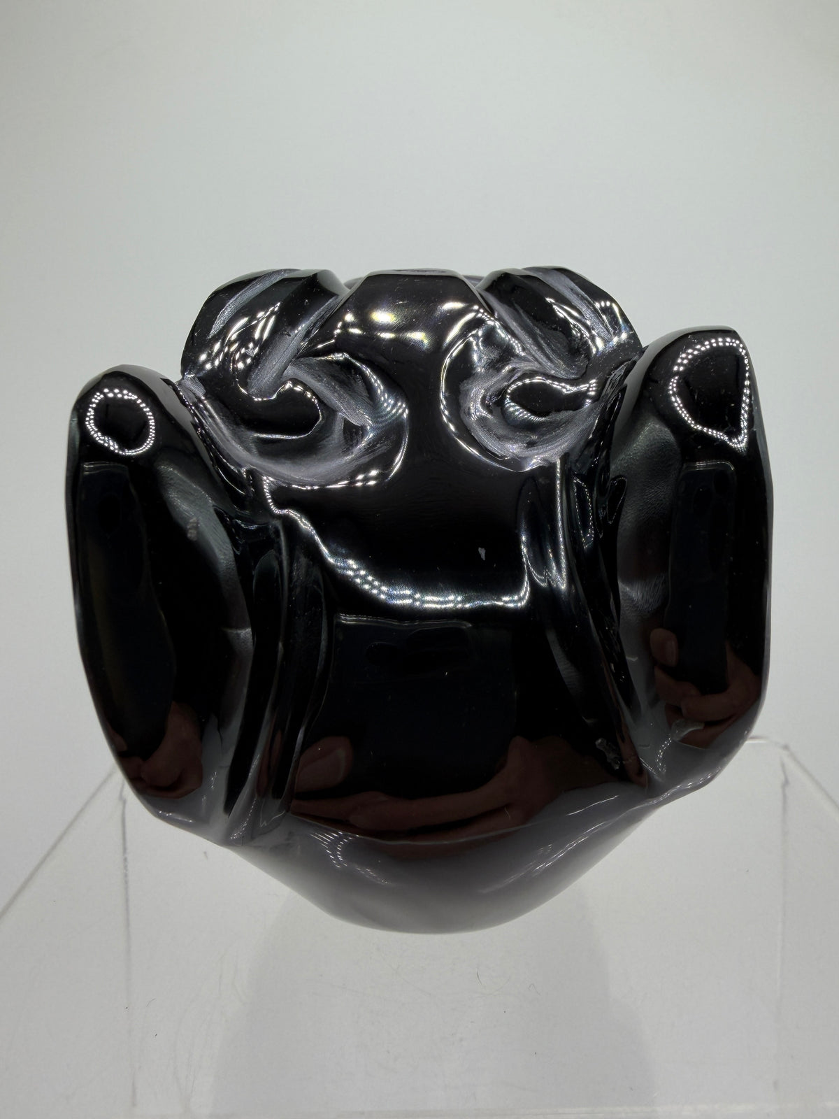 Carved Jaguar Warrior Head. Gorgeous Hand Carved Obsidian Aztec Art. One Of A Kind Obsidian, Silver, And Opal Collectors Item.