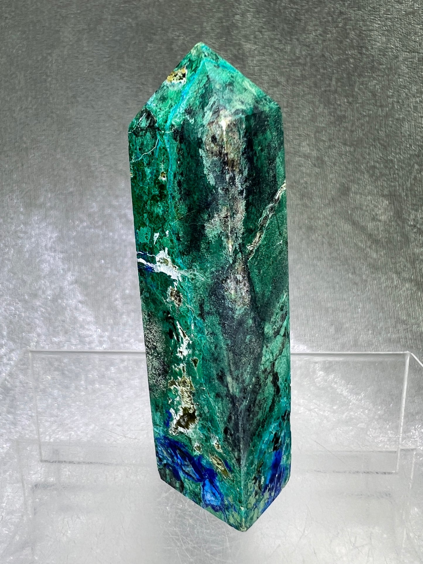 Azurite, Chrysocolla, And Malachite Druzy Tower. Rare And Beautiful Crystal Point.