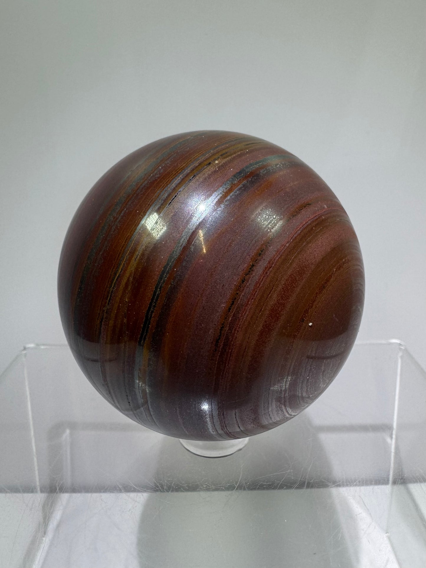 Tiger Iron Crystal Sphere. 61mm. Rare High Quality Display Sphere With Amazing Flash. Very Unique Dark Colors