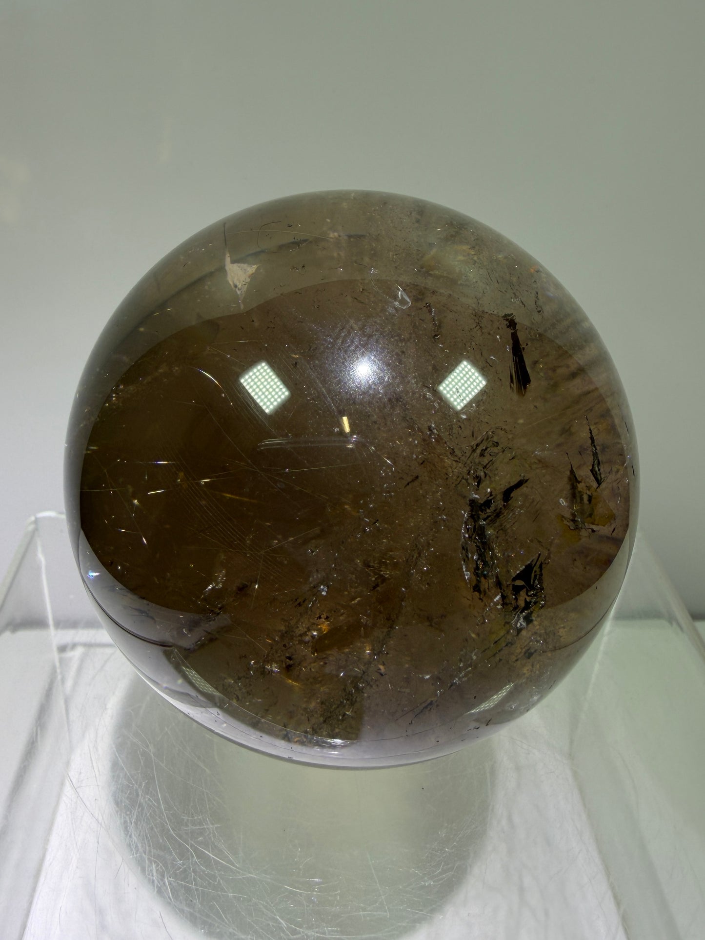 Rutile Quartz Sphere. 70mm. Large Smoky Quartz With Rare Golden Rutile Inclusions. Nice Quality Display