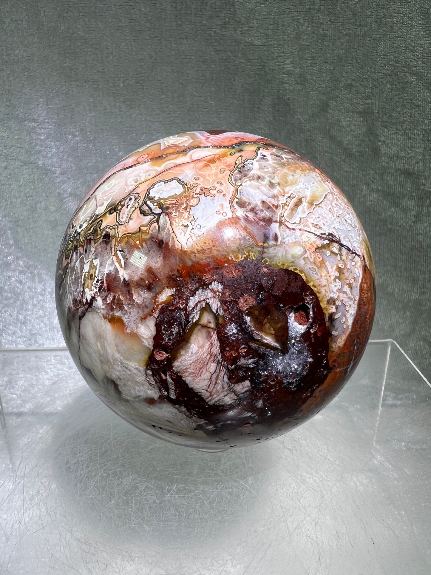 Mexican Crazy Lace Agate Sphere. 73mm. Very Rare Colors And Gorgeous Patterns.
