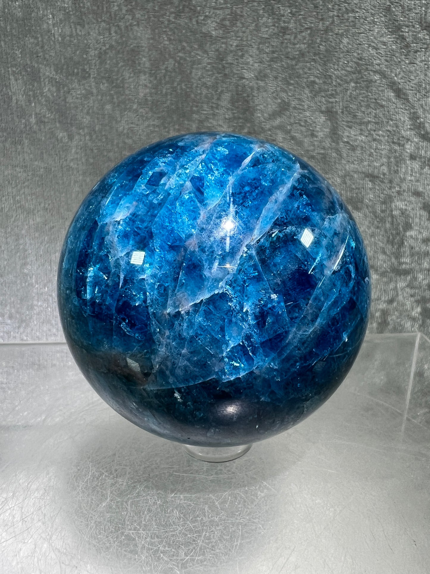 Blue Apatite Crystal Sphere. 60mm. Gorgeous Deep Blue With Lots Of Iridescent Flash. High Quality Display Sphere