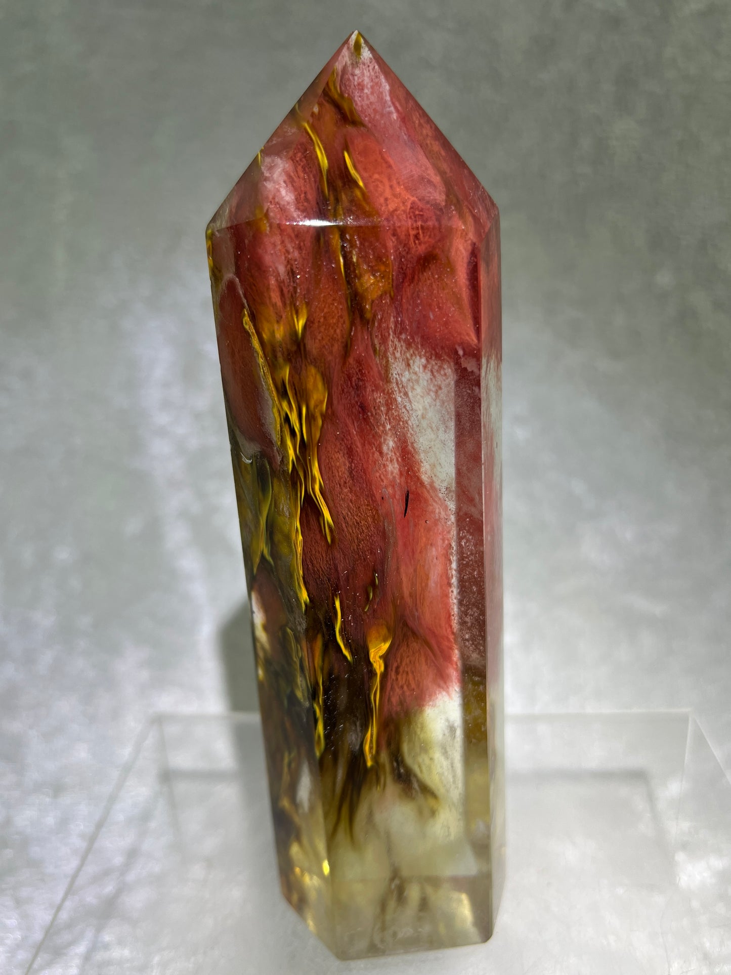 Smelting Quartz Tower. Gorgeous And Large Display Tower. Stunning Colors And Patterns. Incredible Red Tiger Skin Patterns.