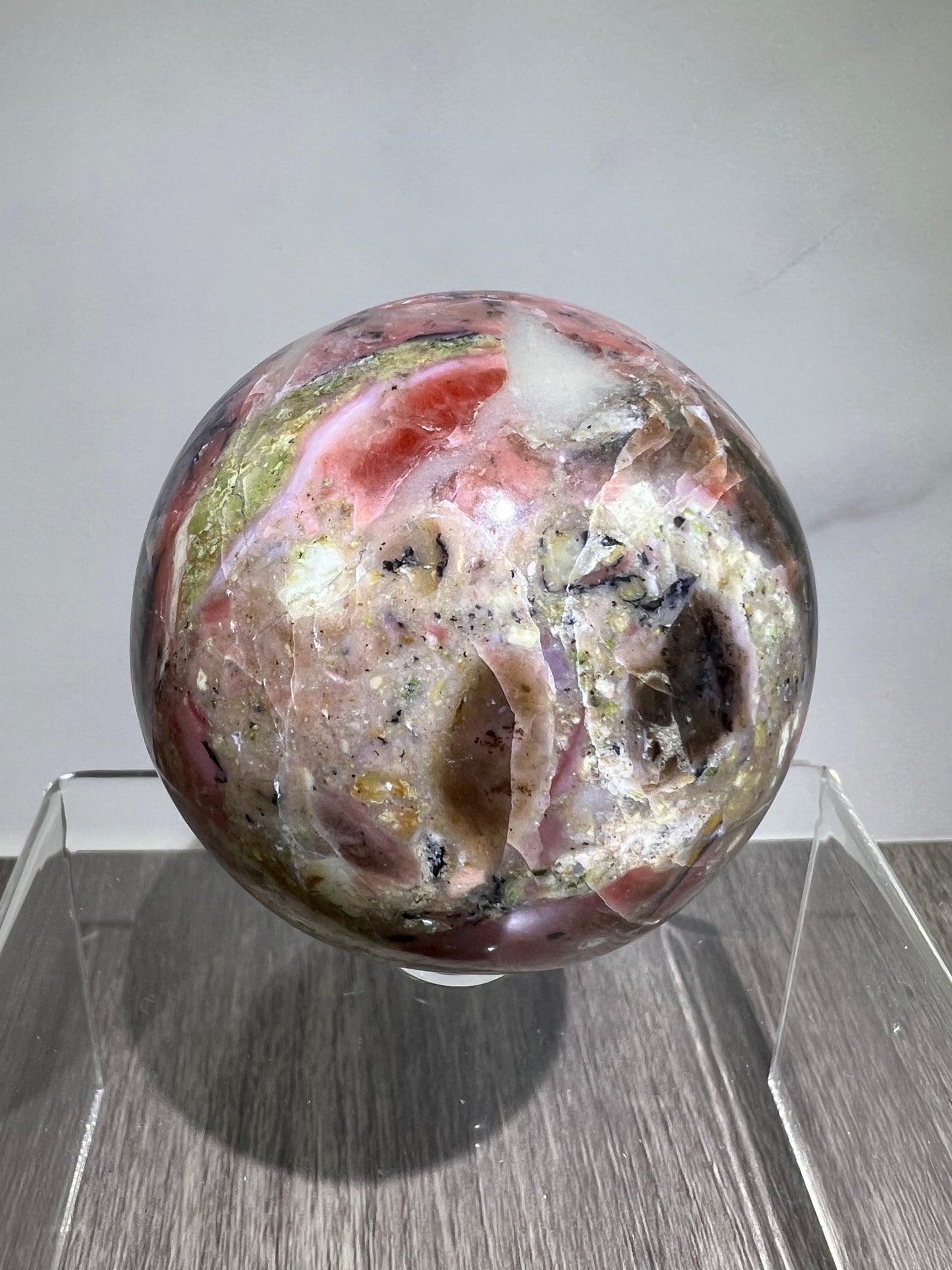 Strawberry Pink Opal Sphere From Peru. 60mm. Gorgeous Bright Colors And Patterns. Amazing Rare Display Crystal.