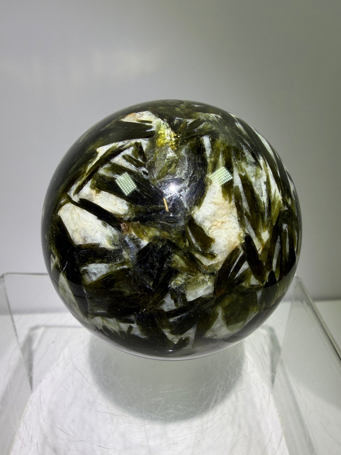 Green Mica And Garnet Sphere. 65mm. Rare Flashy Green Mica With Red Garnet. Gorgeous High Quality Crystal.