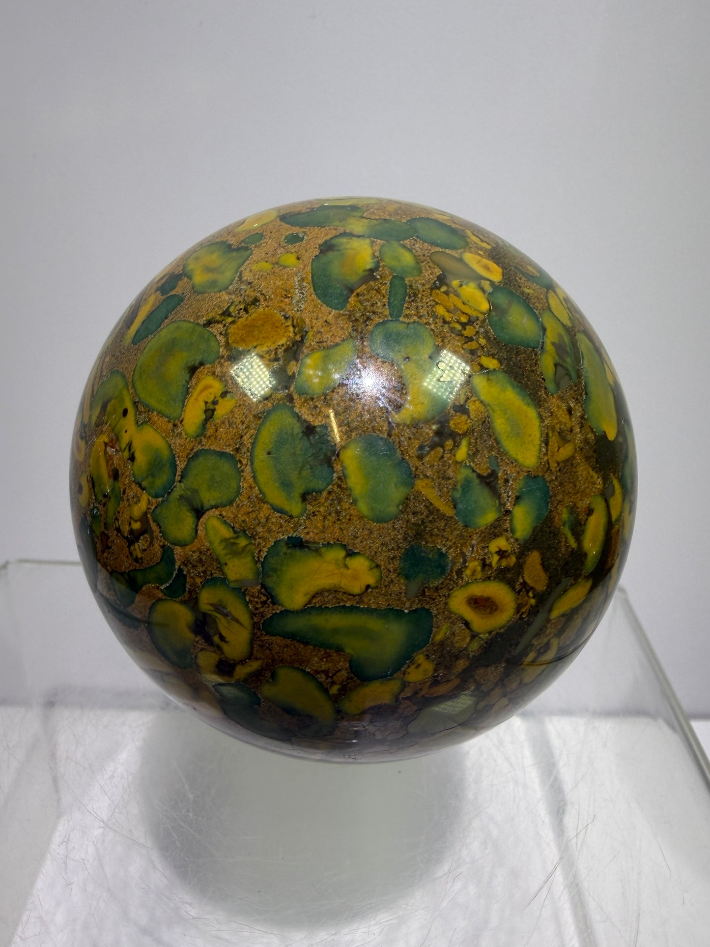 Fruit Jasper Sphere: 68mm Gorgeous Ajooba Jasper Sphere From India. High Quality Colorful Crystal