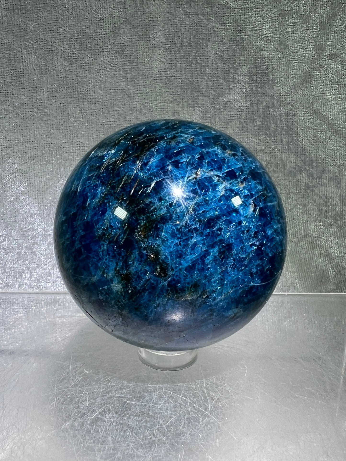 Blue Apatite Crystal Sphere. 58mm. Stunning Deep Blue With Lots Of Iridescent Flash. High Quality Display Sphere