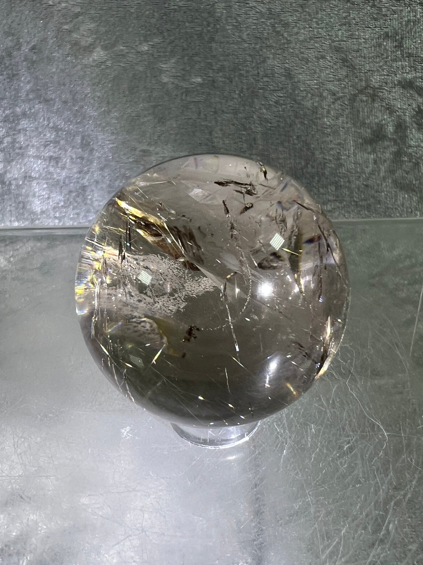 Rutile Quartz Sphere. Amazing Rainbows! Light Smoky Quartz With Stunning Golden Rutile Inclusions.
