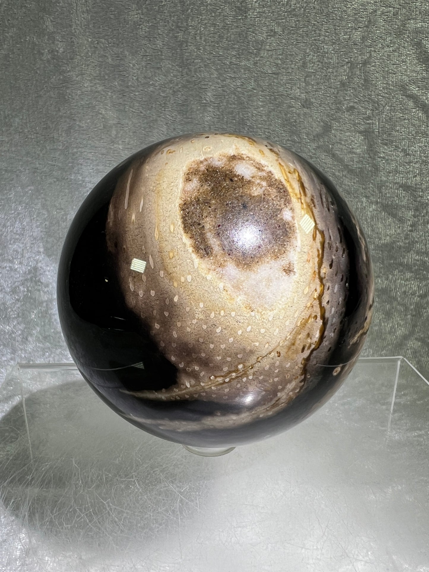 Palm Root Agate Sphere. 77mm. Gorgeous Fossilized Black Palm Root Agate. Very High Quality Crystal Sphere.