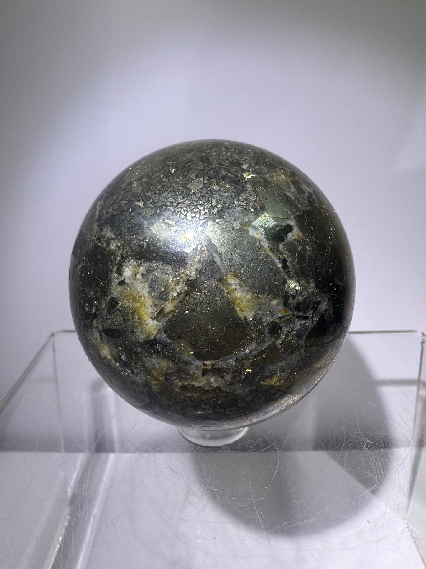Pyrite And Agate Sphere. 57mm. Gorgeous Display Sphere. Amazing Flash And Colors.