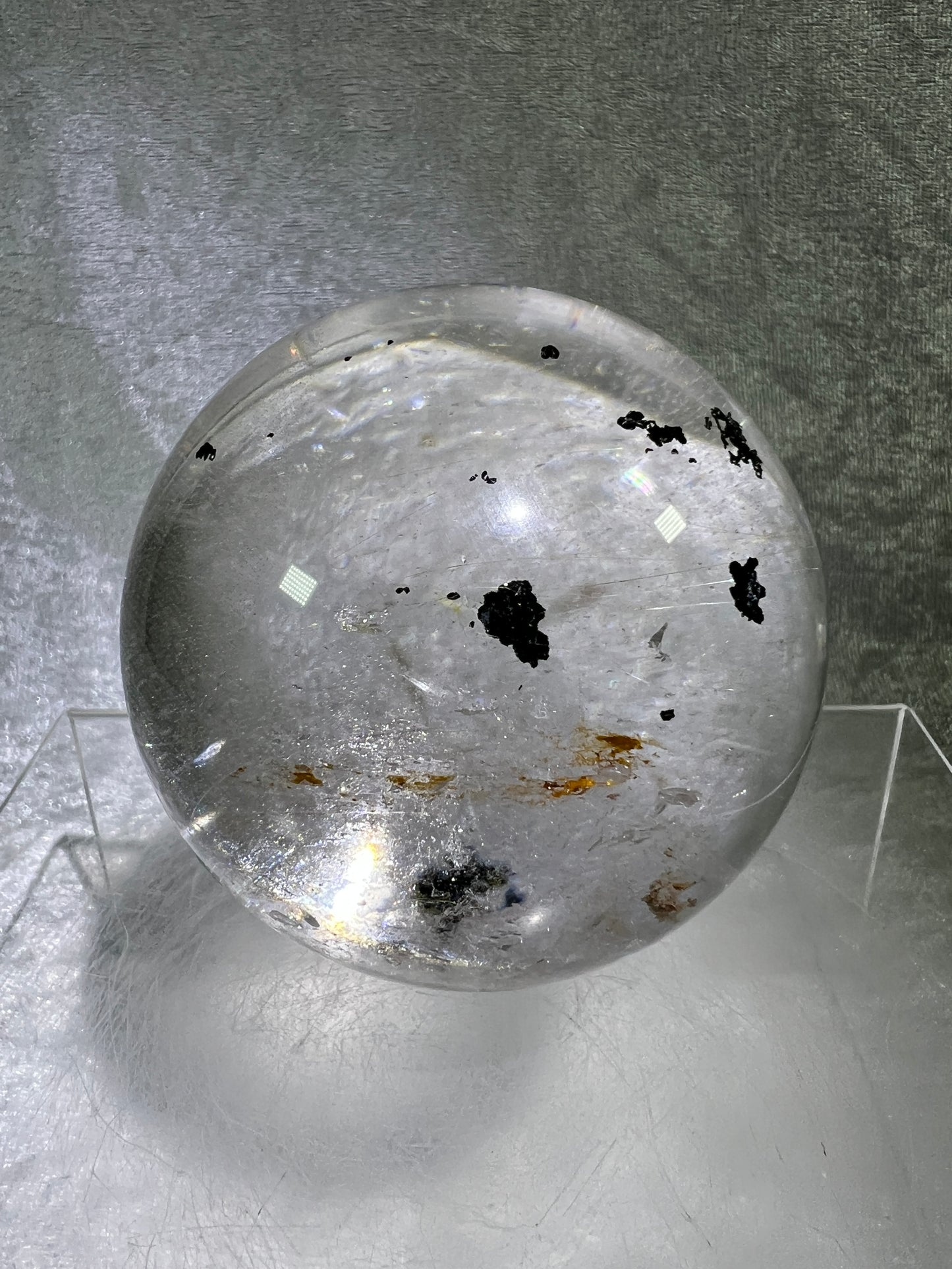 Rutile Quartz Sphere. 75mm. Large High Quality Display Sphere. Gorgeous Garden Quartz, Big Rainbows, And Golden Rutile Inclusions.