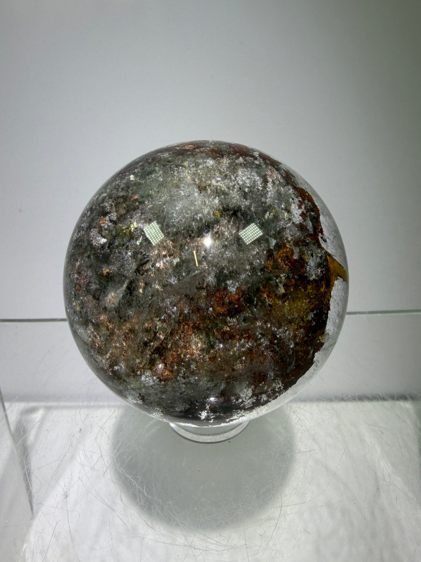 Garden Quartz Lodolite Sphere. High Quality Colorful Landscape. Beautiful Display Sphere