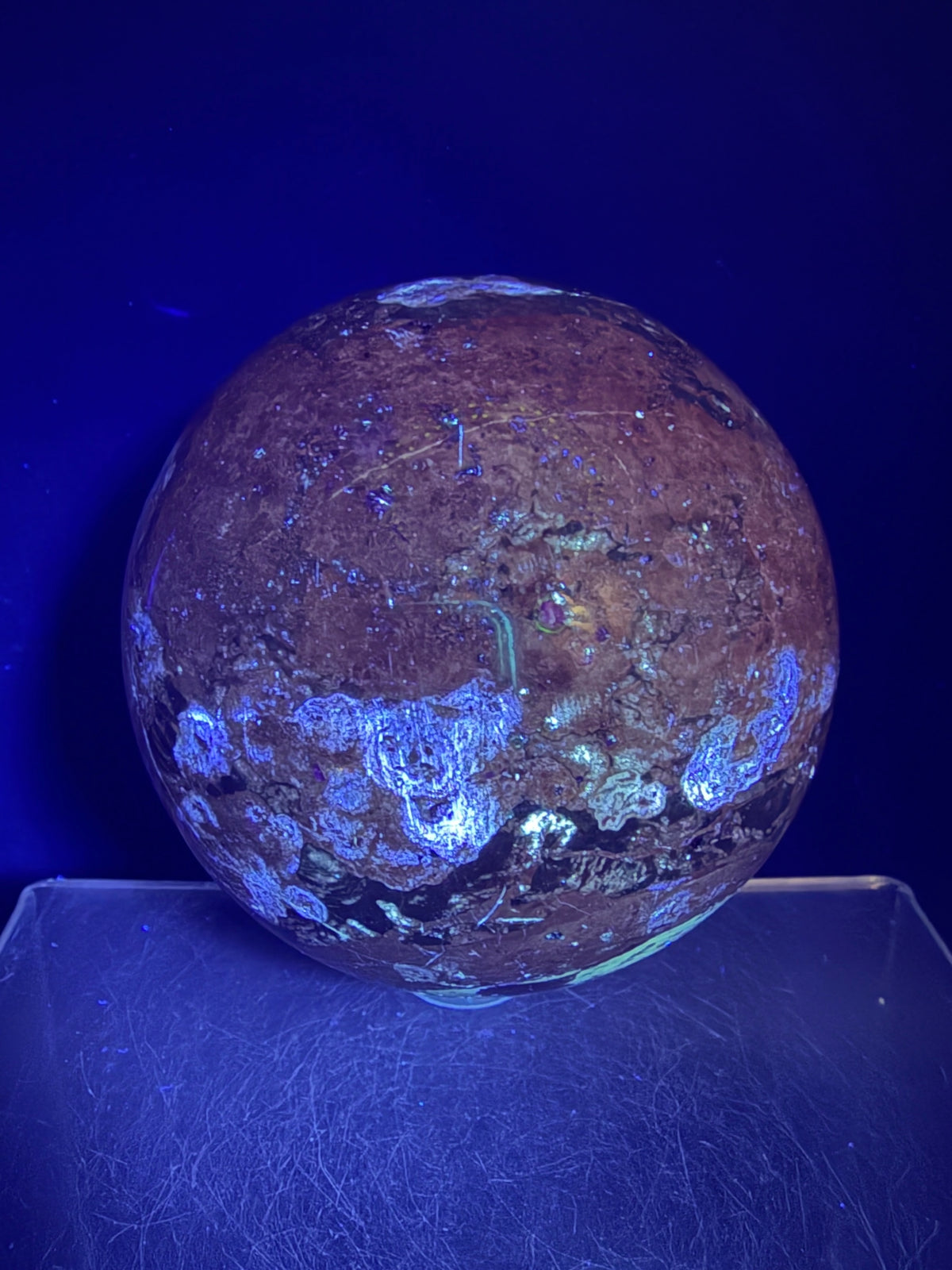 Fire Calcite Crystal Sphere. 74mm. Amazing New Material. Beautiful Large Display Sphere With Nice UV Reaction.