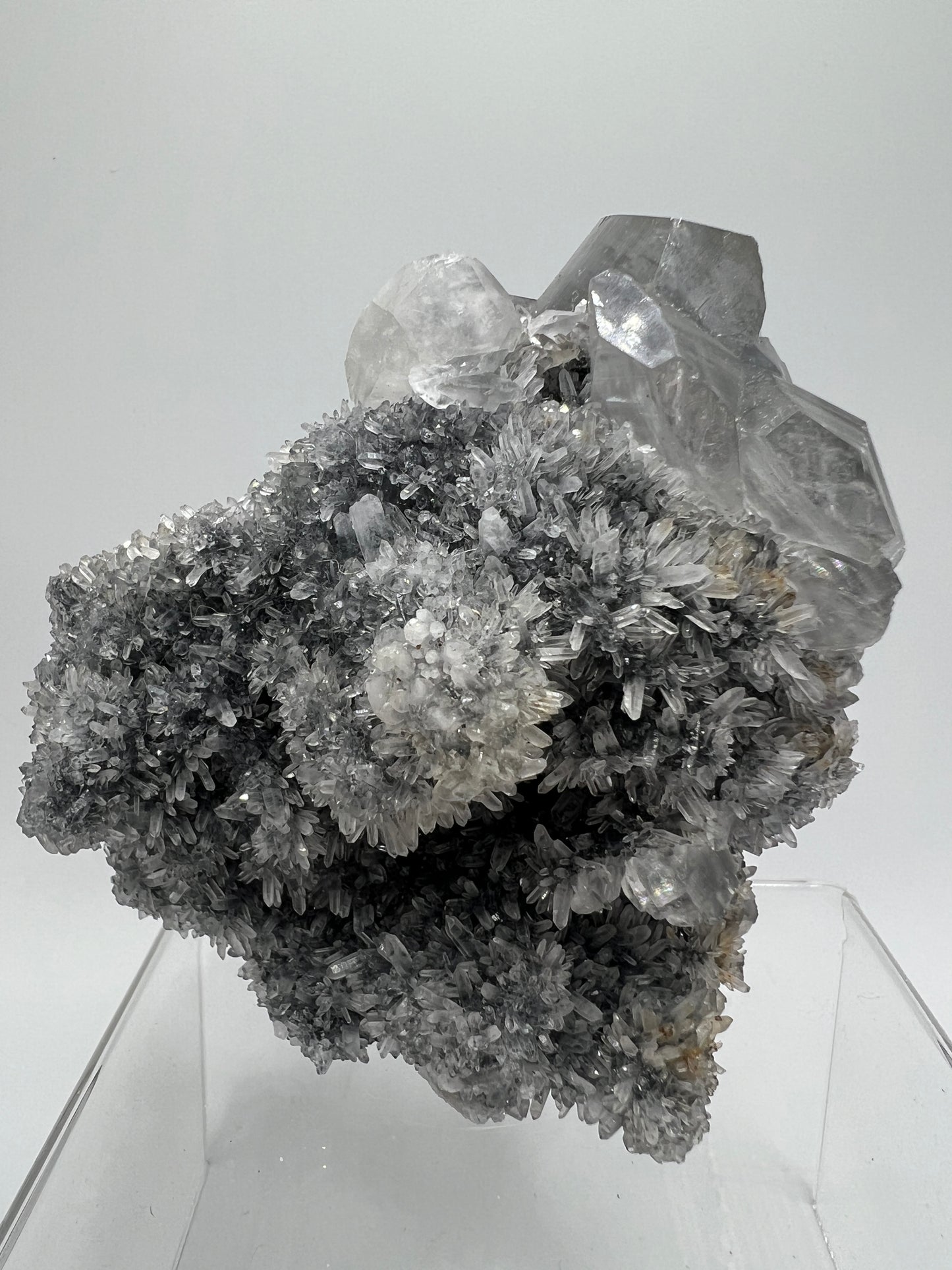 Silver Benz Calcite On Druzy Quartz. Gorgeous UV Reactive Mangano Calcite. Amazing Needle Quartz Matrix.