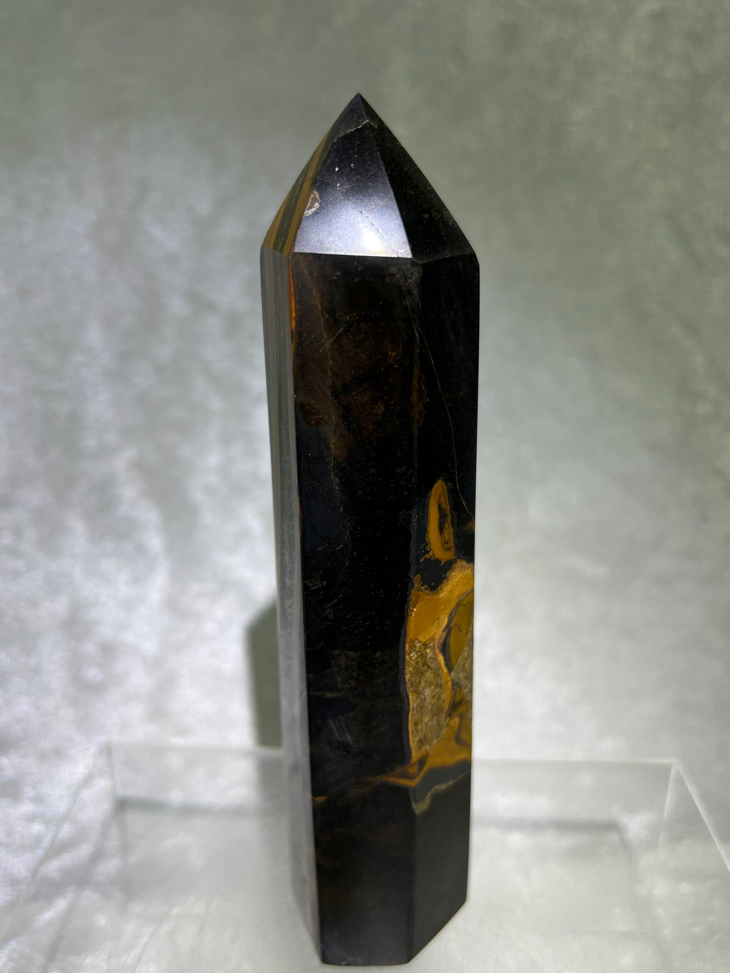 Blue Tigers Eye Tower. 5.85 Inches. Amazing Large Hawks Eye Crystal. Gorgeous Display Tower