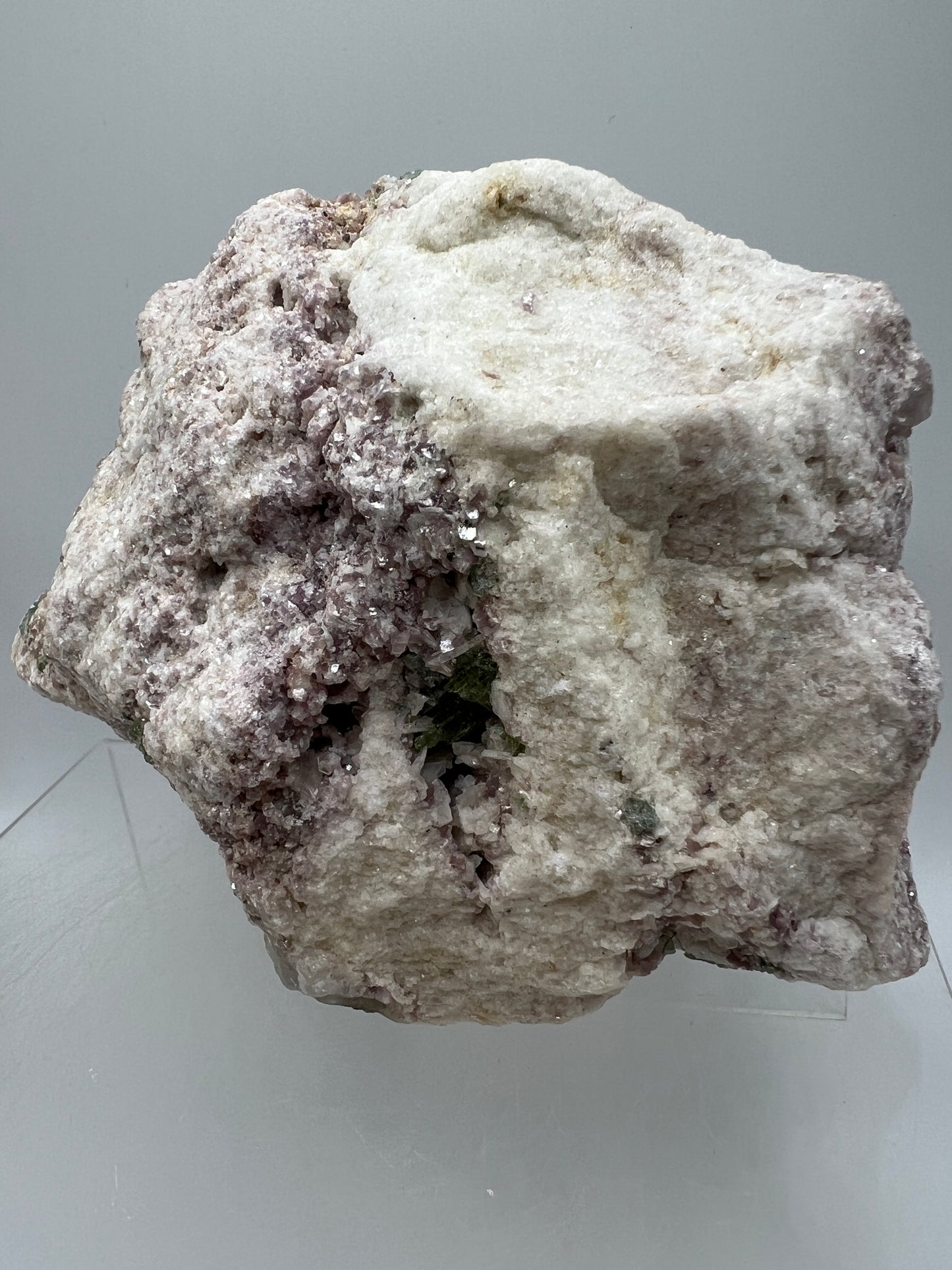 Lepidolite and Green Tourmaline Specimen. Gorgeous Mineral Cluster From Brazil. Lots Of Flash And Crystallization. Beautiful Color Contrasts.