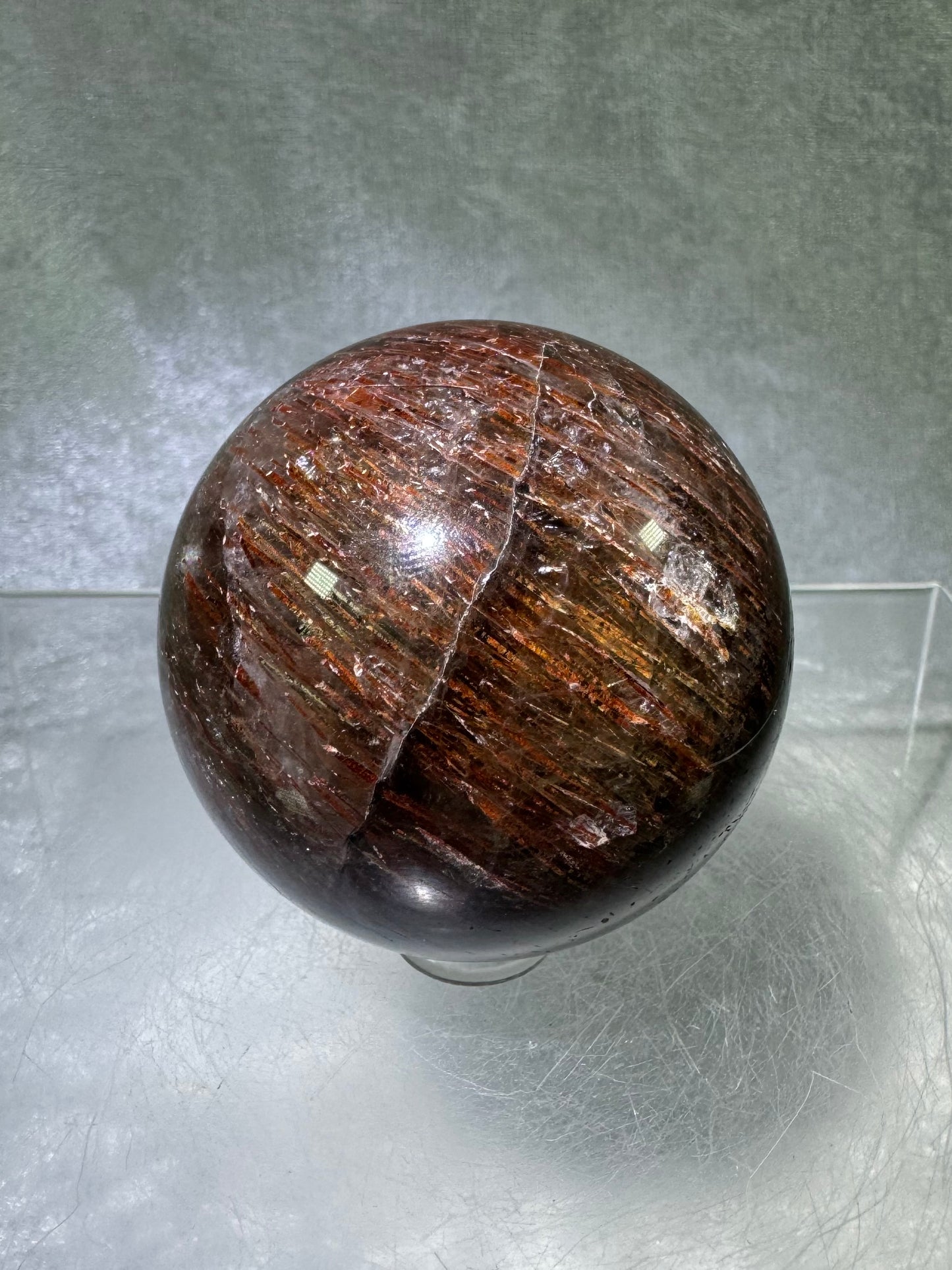 Tourmalinated Quartz Sphere. 54mm. Gorgeous Red Tourmaline Inclusions. Unique And Rare Display Sphere.