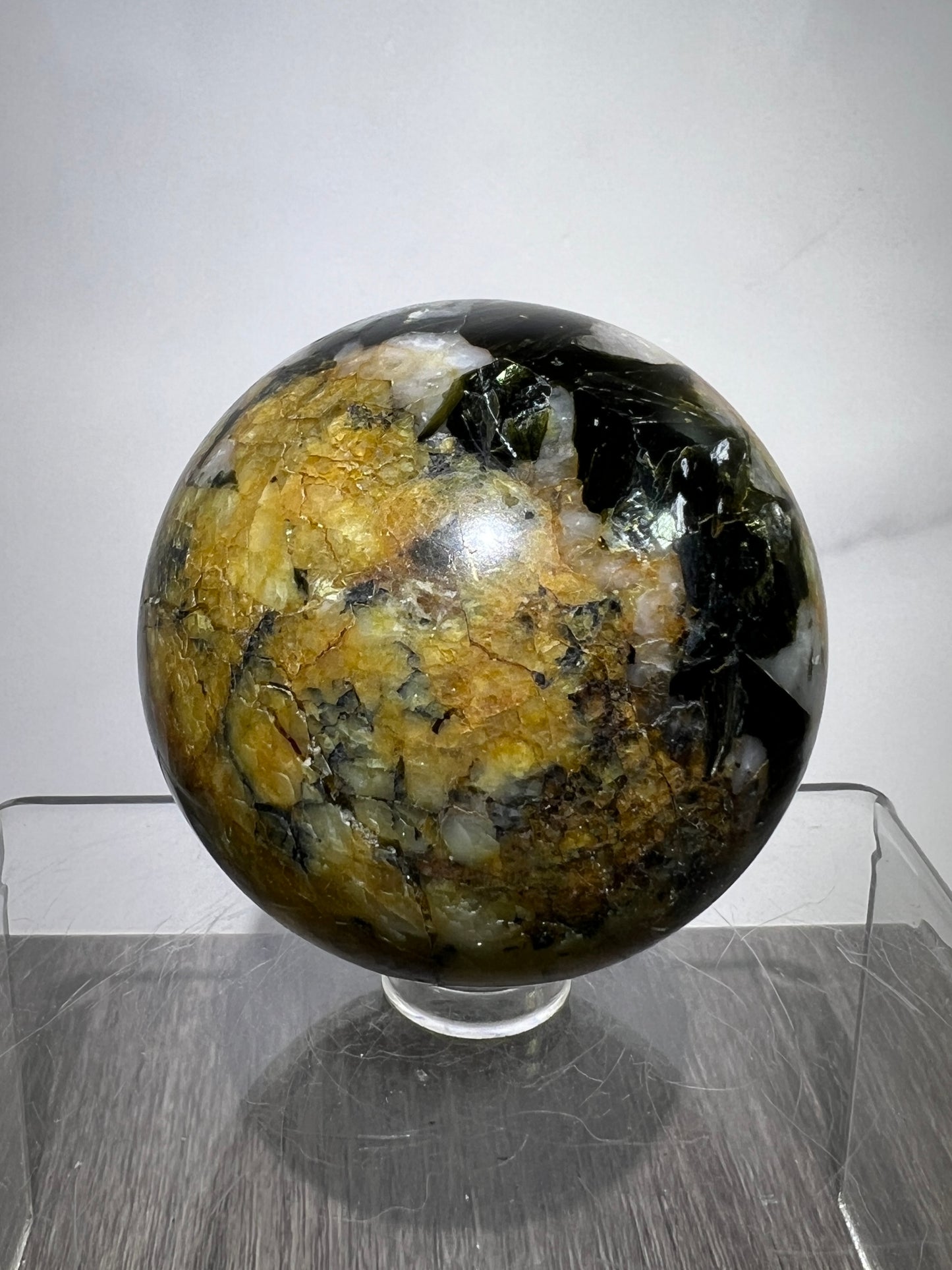 Yellow Tourmaline And Black Mica Sphere. 54mm. Rare New Discovery. Stunning And Flashy Display Sphere.