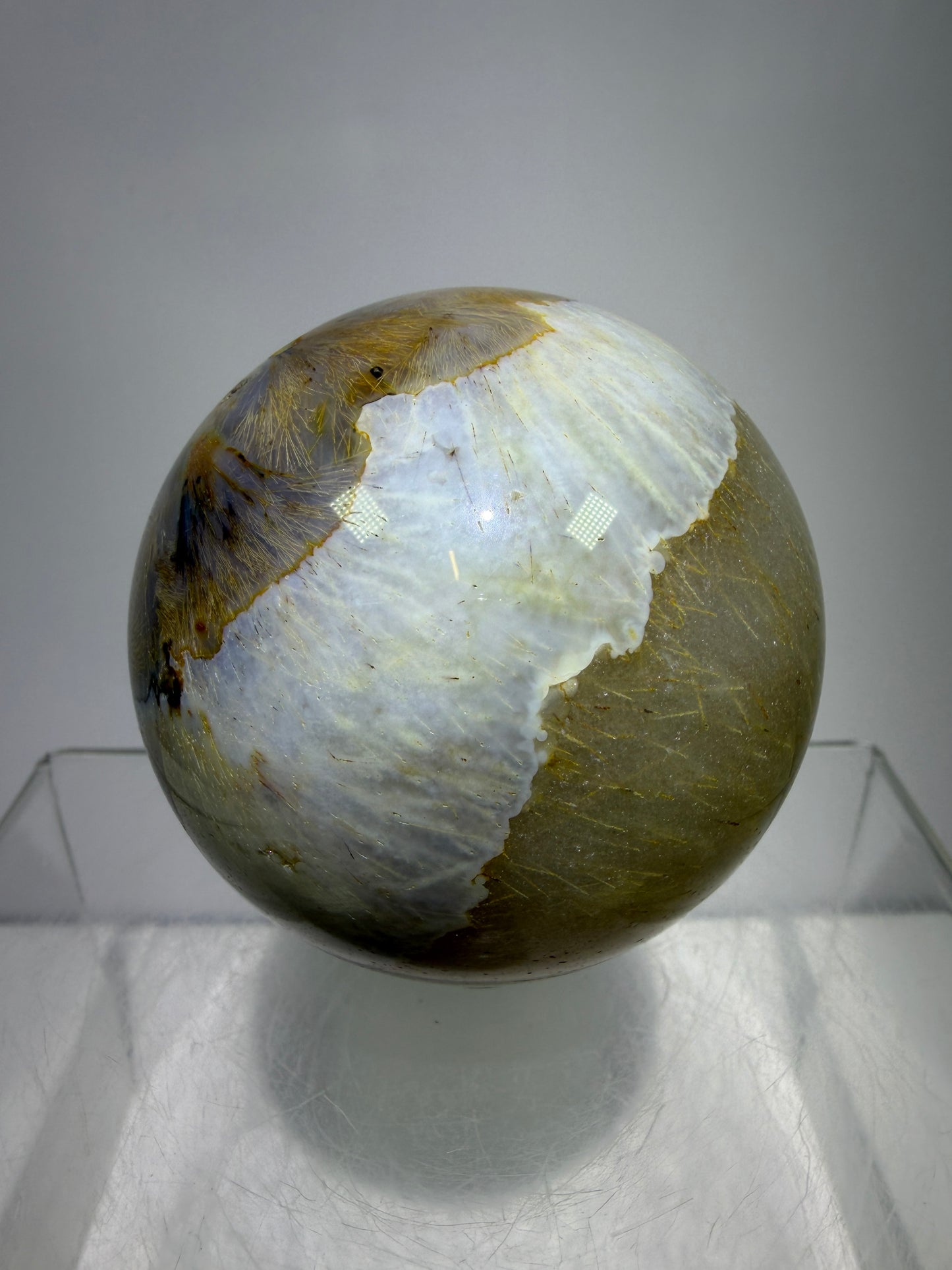 Sagenite Crystal Sphere. 61mm. Incredible Sagenite Plumes With Dendritic Agate. Rare And Unique Crystal Display Sphere
