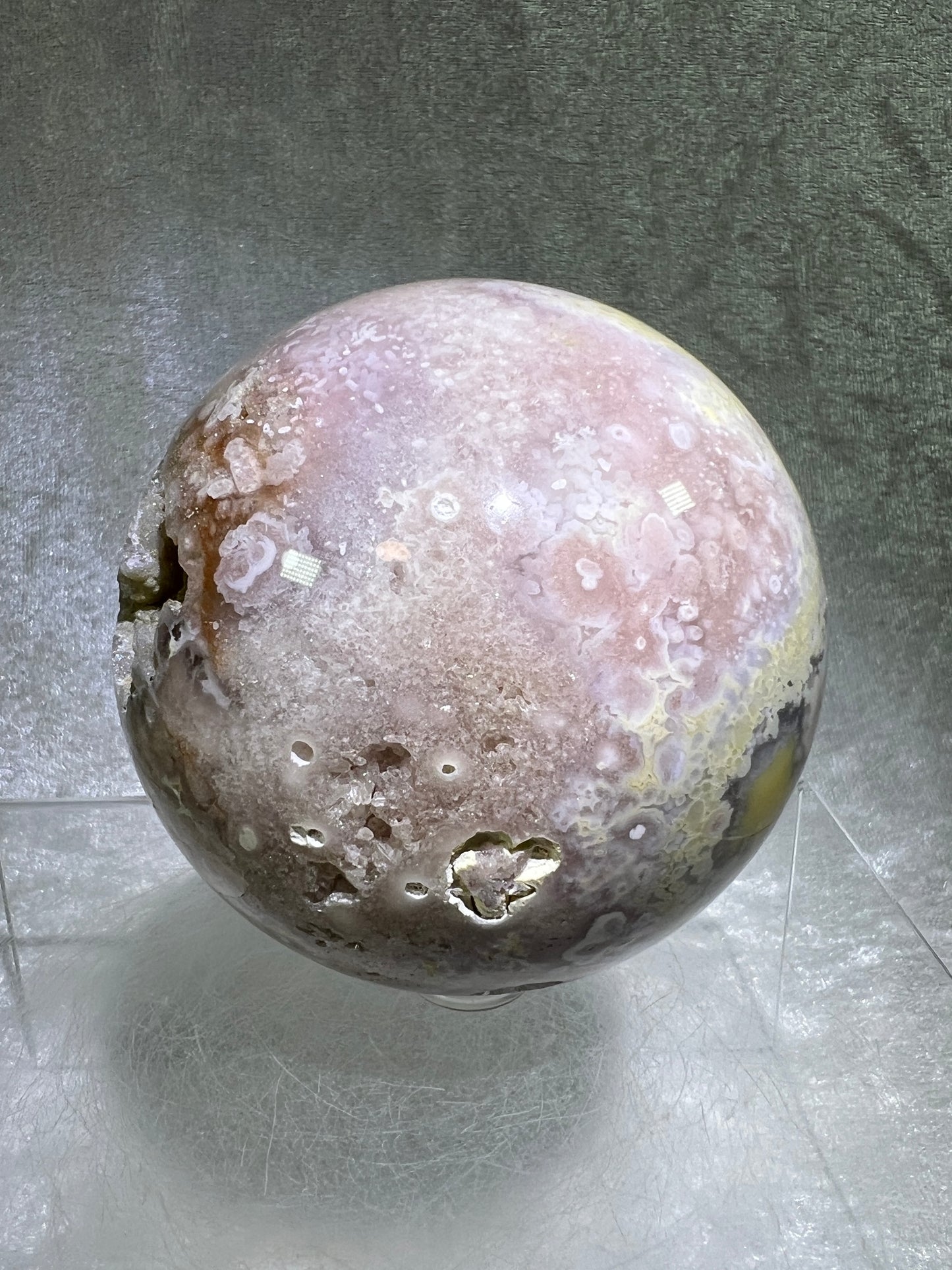 Flower Agate Sphere. 82mm. Stunning Druzy On This Large Centerpiece. Gorgeous One Of A Kind Display Sphere.