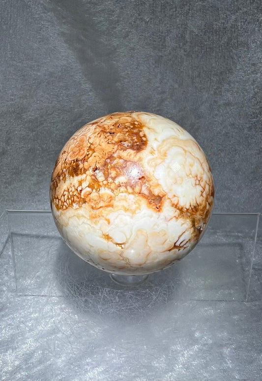 Unique Red Calcite sphere. 61mm. Very Interesting Colors And Patterns.
