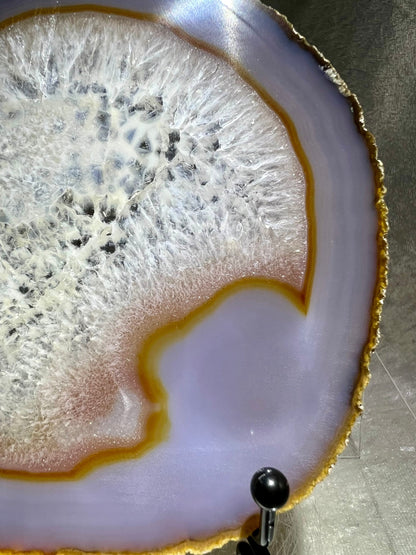 Beautiful Druzy Agate Slab. Amazing Brazilian Agate Slice With A Black Metal Stand. Very Nice Quality Display Crystal.