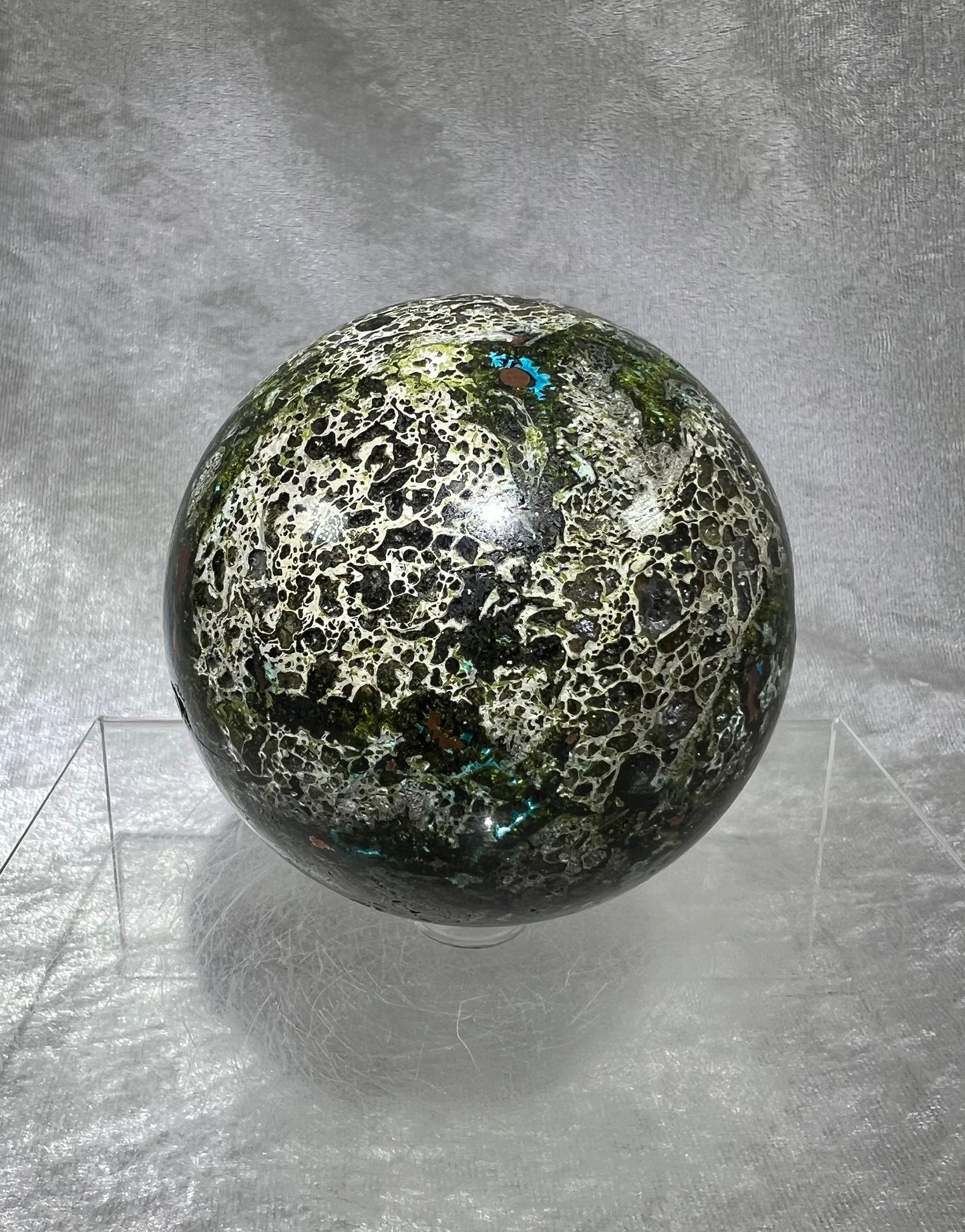 Stunning Large Epidote and Chrysocolla Sphere With Copper Inclusions. 80mm. Very Rare And High Quality. Awesome Collectors Piece!