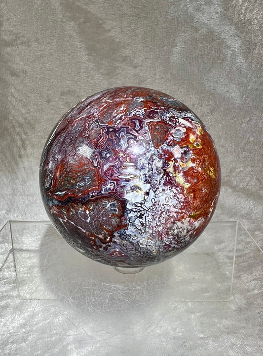 Large Mexican Crazy Lace Agate Sphere. 79mm. Amazing Colors With Incredible Lacing. Very Nice Quality Druzy Crystal Sphere