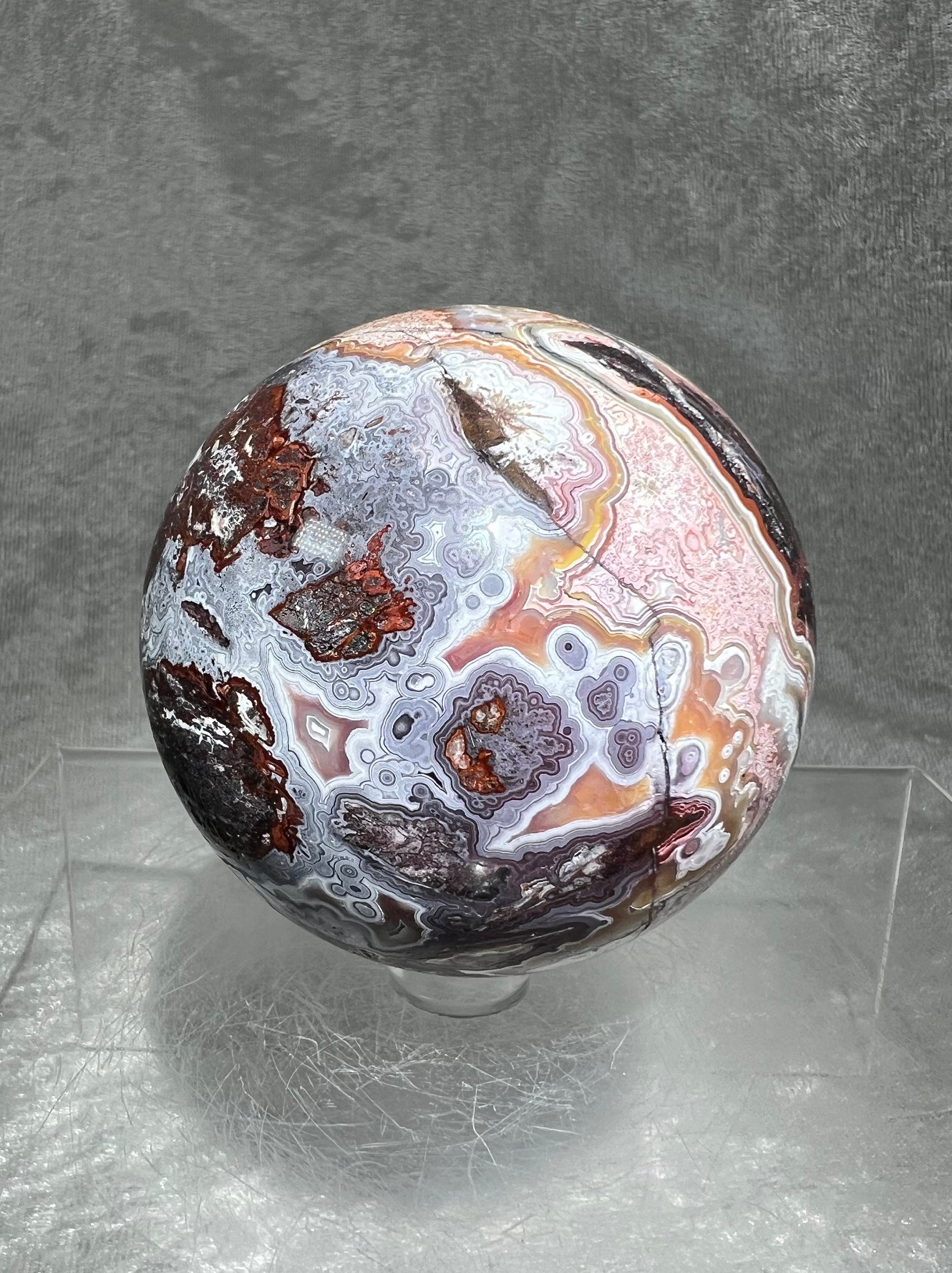 Druzy Mexican Crazy Lace Agate Sphere. 68mm. Beautiful Pinks And Purples With Incredible Patterns And Lacing.
