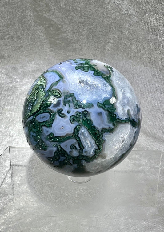 Rare Blue Moss Agate Sphere. 74mm. Amazing Colors And Druzy On This Beautiful Sphere. High Quality Display Sphere.