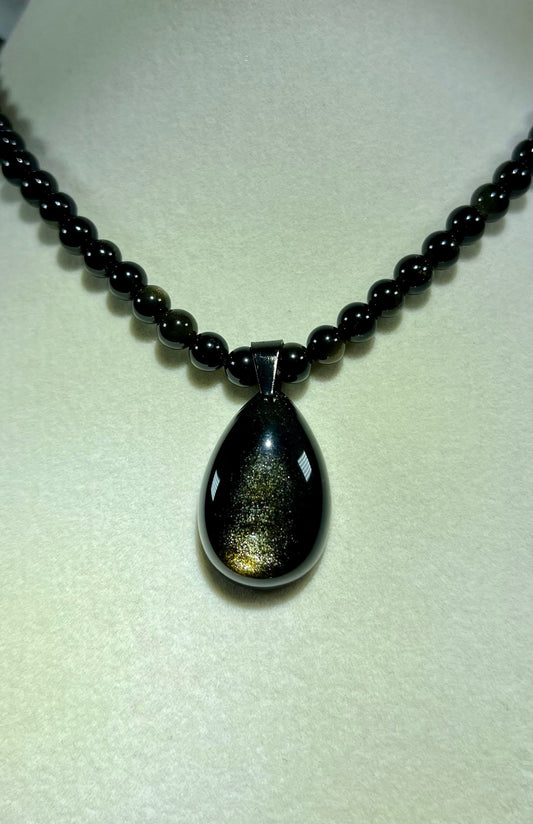 Beautiful Golden Obsidian Pendant. Stunning Gold Flash. Custom Made Obsidian Beaded Necklace. High Quality Crystal.