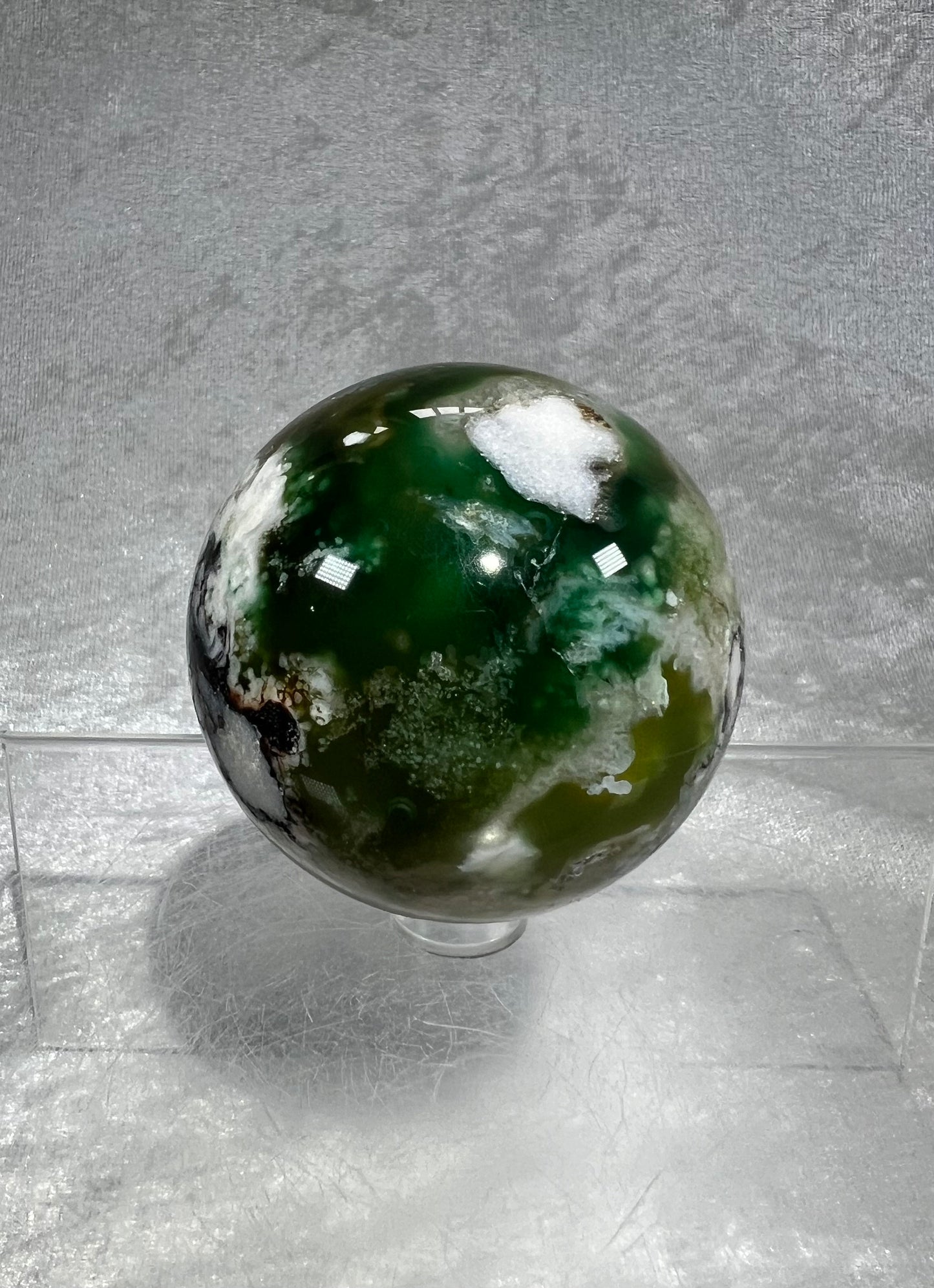 Amazing Druzy Green Flower Agate Sphere. 60mm. Beautiful Color Combination With Green And Black. Unique Crystal Sphere.