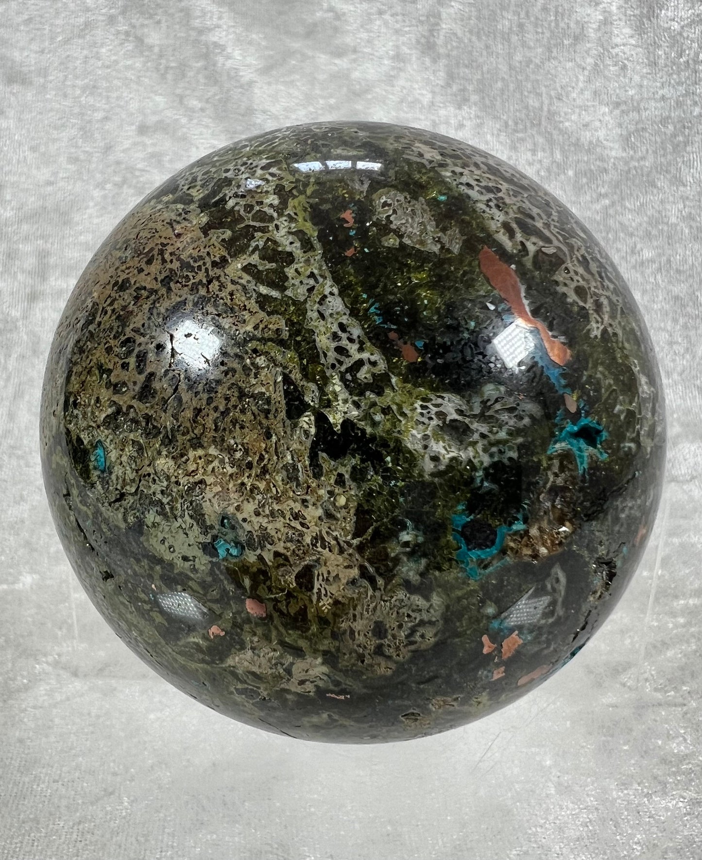Stunning Large Epidote and Chrysocolla Sphere With Copper Inclusions. 80mm. Very Rare And High Quality. Awesome Collectors Piece!