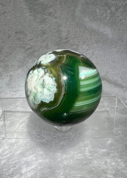 Amazing Green Flower Agate Sphere With Incredible Banding. 62mm. Beautiful Color And Patterns. Unique Crystal Sphere.