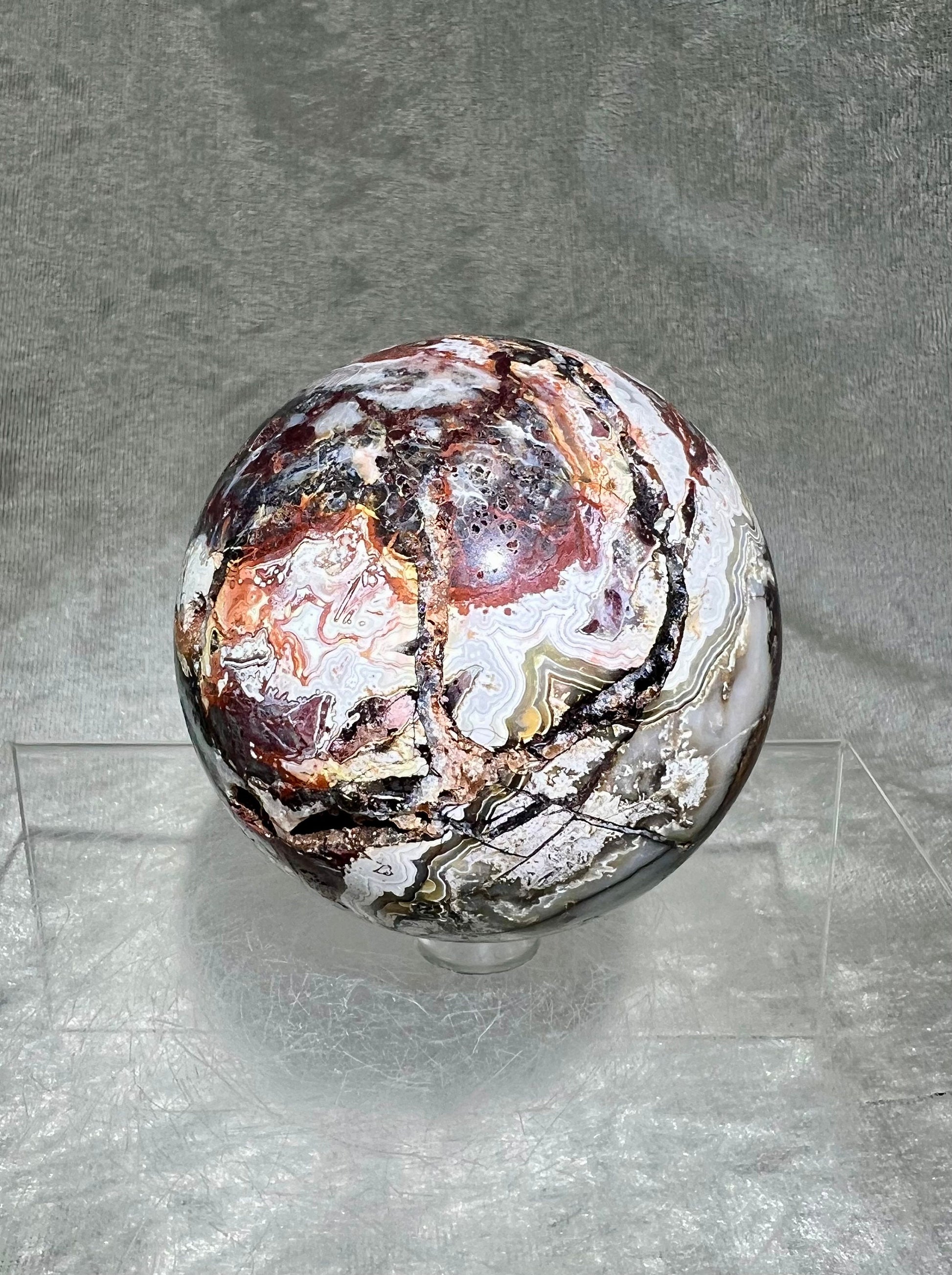 Druzy Mexican Crazy Lace Agate Sphere. 70mm. Awesome Lacing And Colors!