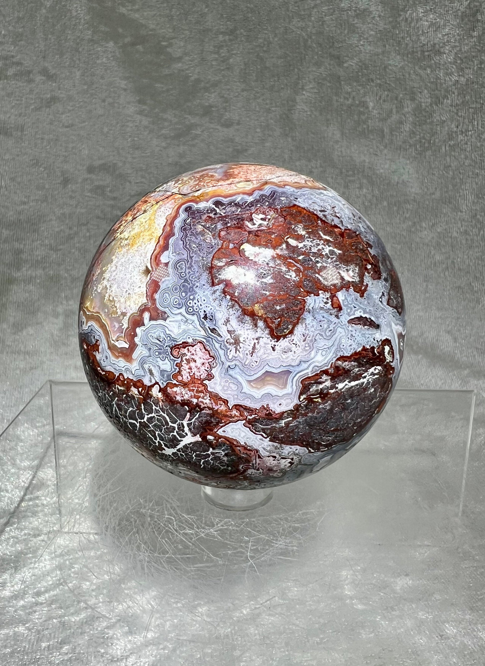 Druzy Mexican Crazy Lace Agate Sphere. 68mm. Beautiful Pinks And Purples With Incredible Patterns And Lacing.