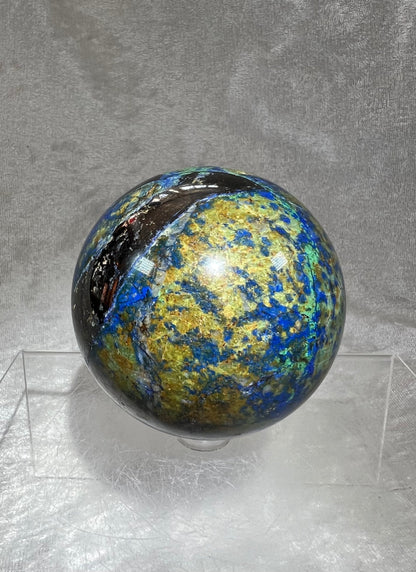 Stunning Azurite and Malachite Crystal Sphere. 72mm. Crazy Copper Inclusions. Incredible Color Combinations. Awesome Collectors Piece!