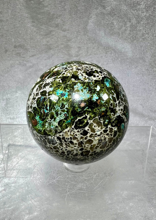 Stunning Epidote and Chrysocolla Sphere With Copper Inclusions. Very Rare And High Quality. Awesome Collectors Piece!