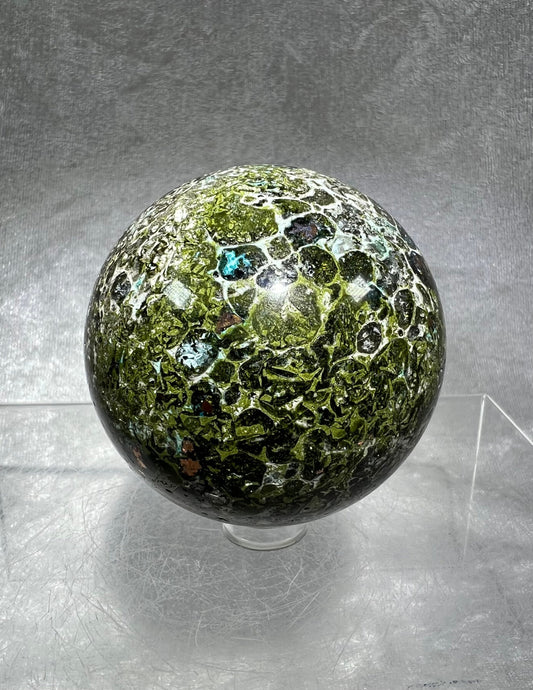 Amazing Epidote and Chrysocolla Sphere With Copper Inclusions. 61mm. Very Rare And High Quality. Awesome Collectors Piece!