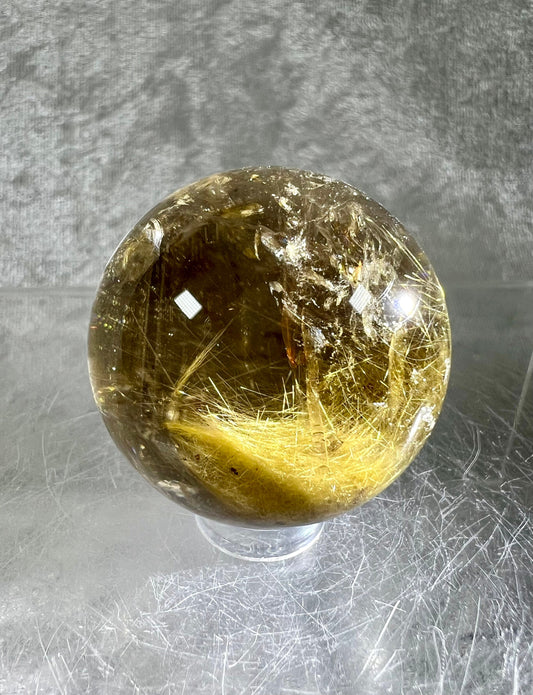 Amazing Smoky Rutile Quartz Sphere. Incredible Thick Golden Rutile Inclusions. Rare Golden Rutilated Quartz Sphere.
