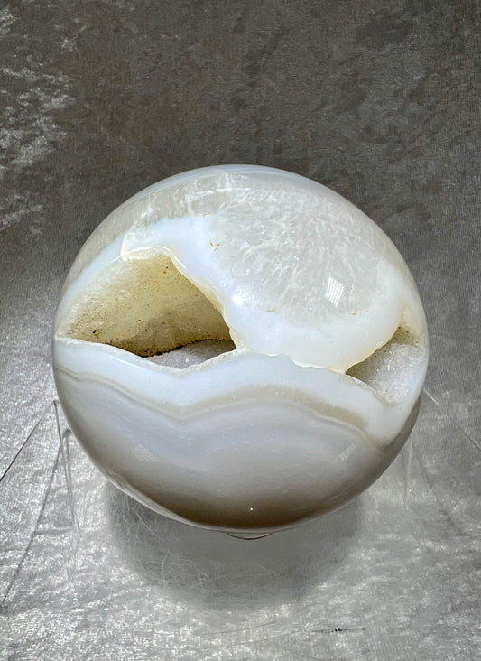 Large Druzy White Agate Sphere. 82mm. Absolutely Stunning Druzy. Beautiful Shades Of Light Blue And White Agate.
