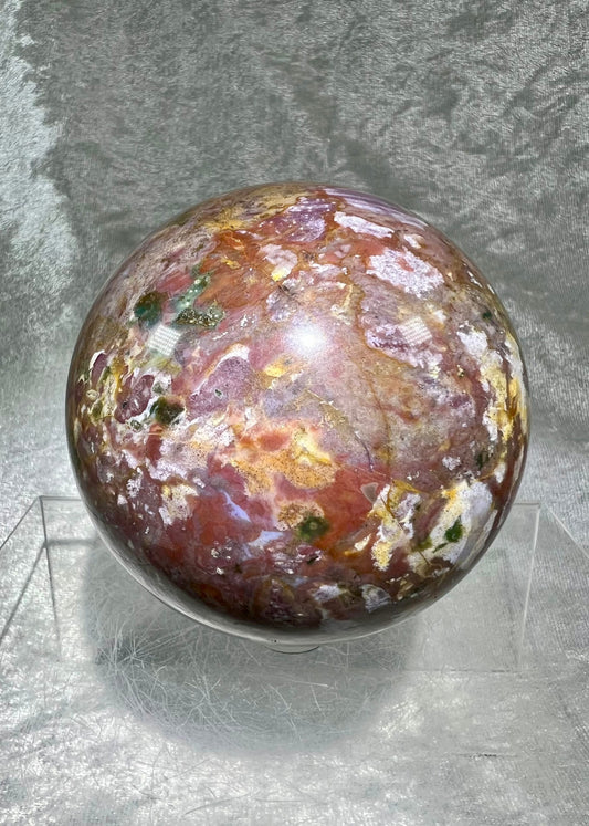 Large Ocean Jasper Sphere. 82mm. Beautiful Red, Purple, Green, And Yellow. High Quality Crystal Sphere.